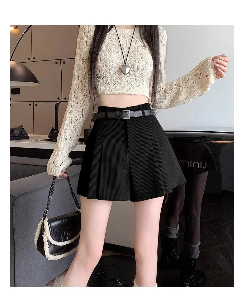 Corduroy Velvet Women Shorts Autumn Winter High Waist Slim Flared Trousers Fashionable Temperament A- crotch Boots