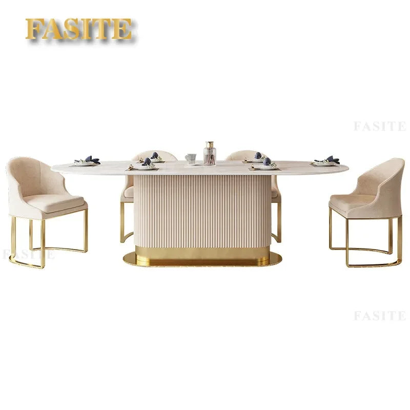 New 2024 Luxury Modern Simple Glossy Rock Plate Dining Table And Chairs Set Oval Household Small French Cream Wind Dining Table