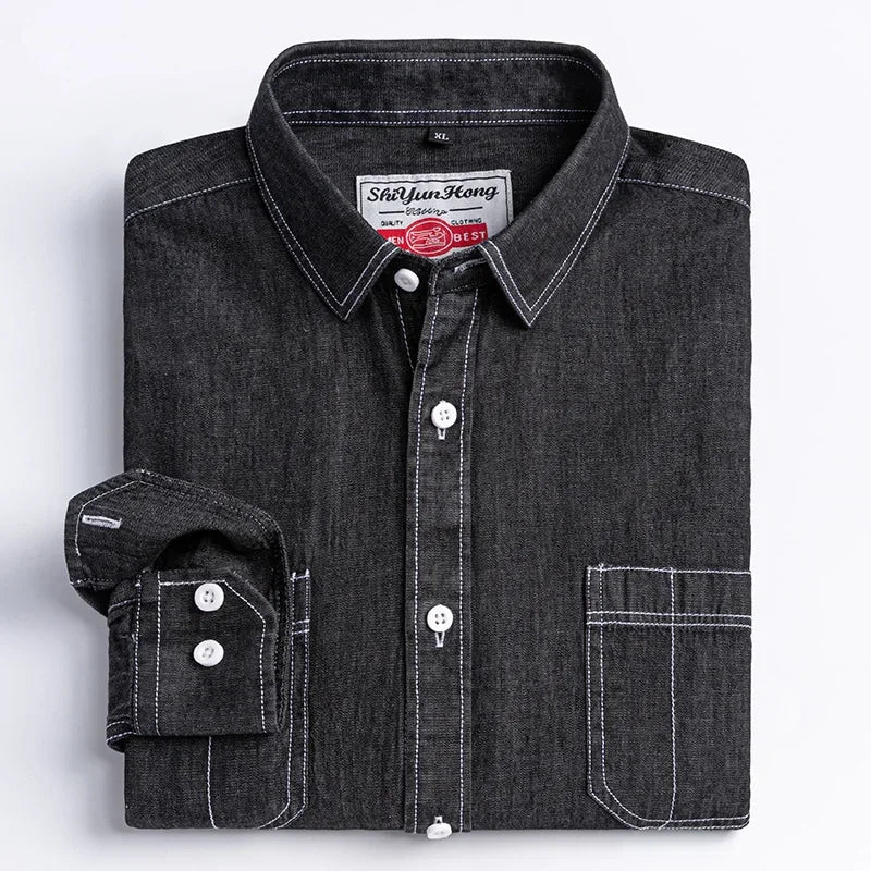 Chemise classique à manches longues en denim 2023, 100 % coton, avec poche, broderie, vêtements confortables