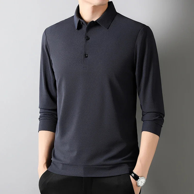 Men's Fashion Waffle Solid Long Sleeved Polo Shirt Summer Breathable Comfortable Top