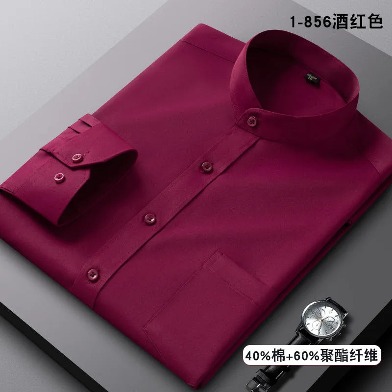 Stand Collar Shirt Men's Long Sleeve Chinese Style Tang Suit Breathable Anti-Wrinkle Easy Care Business Casual Dress Shirts