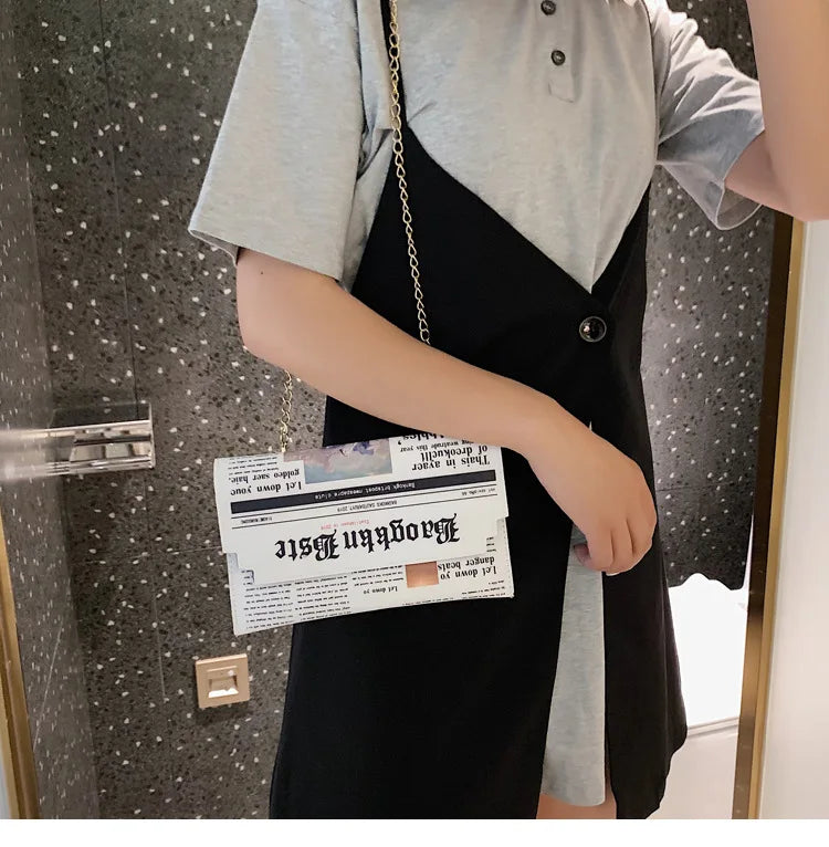 Fashion Women Newspaper Letter Printing PU Leather Shoulder Underarm Bag Casual Ladies Small Purse Buckle Handbag Messenger Bags