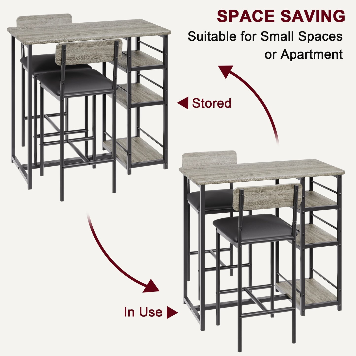 Dining Table Set for 2 Bar Table and Chairs for 2 Kitchen Table Set with 2 Upholstered Chairs 3 Large Storage Shelves Pub Table