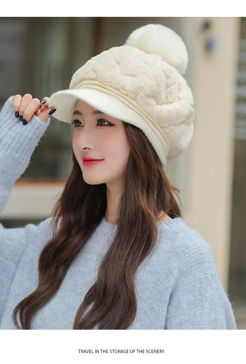 Autumn and winter new women's hats fashion wild plush warm duck tongue hat cute hairball cold protective ear cap