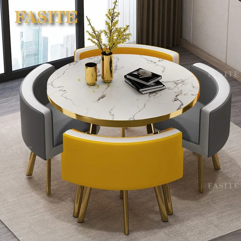 Marble Round 80cm Dining Tables Set 4 Chairs Modern Center Wood Table Luxury White Apartment Furniture