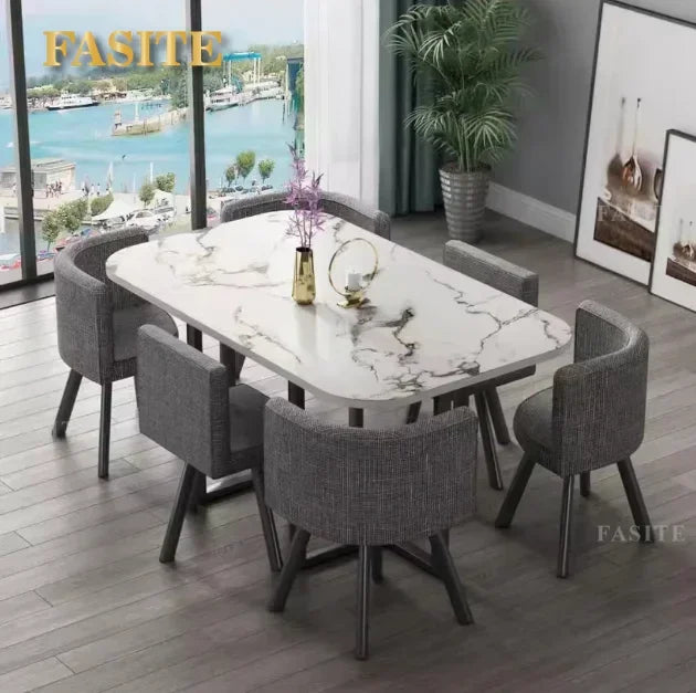 New 2024 Modern Marble Top White Classic Dining Table Living Room With 6 Chairs Set