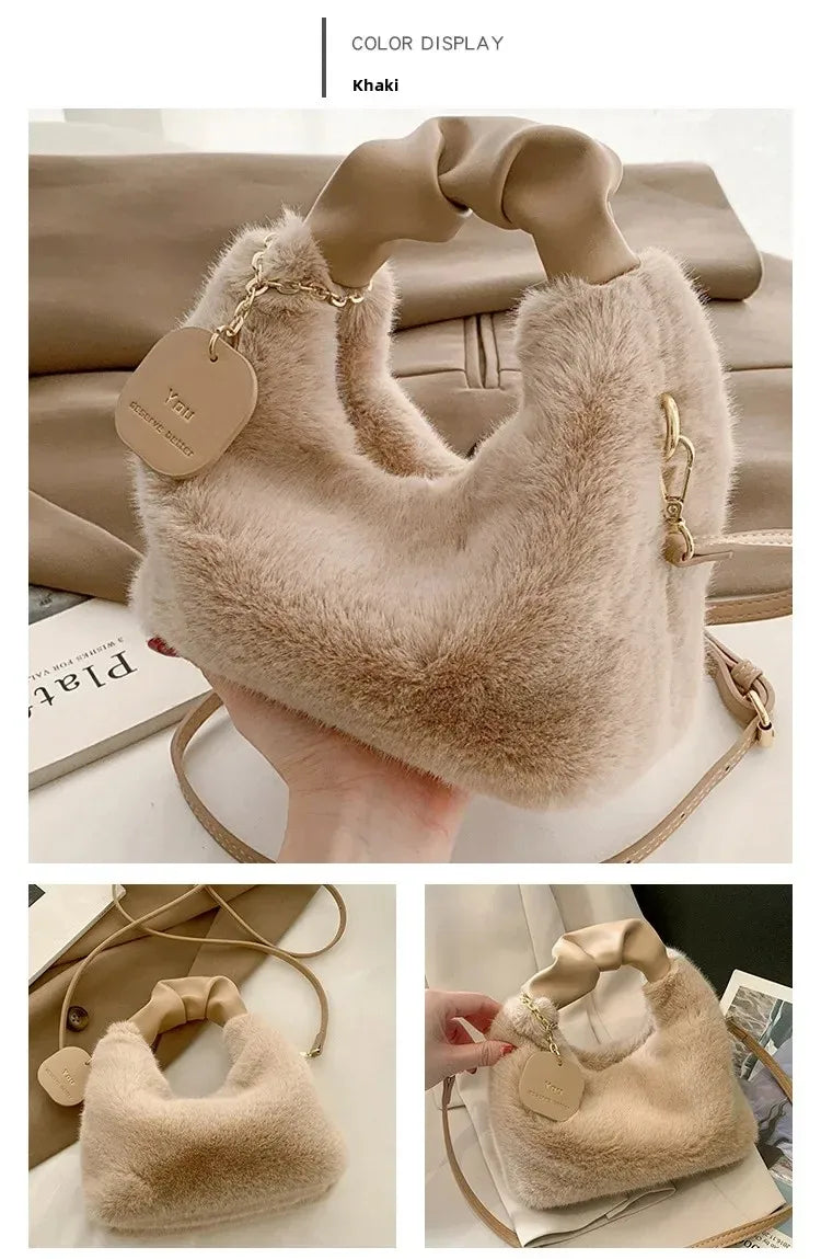 New Fashion Women Lady Shoulder Underarm Bag Solid Color Soft Plush Handbag Fluffy Totes Purse Autumn Winter Shopping Bag