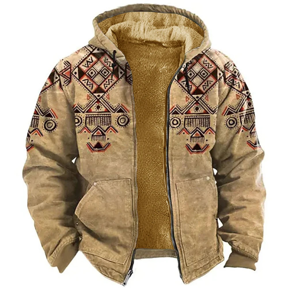 Vestes d'hiver pour hommes Vintage Polaire Manteaux pour hommes Imprimé Amazigh Rembourrage chaud Sweats à capuche Parkas lourds Vêtements d'extérieur Chamarras Para Hombre