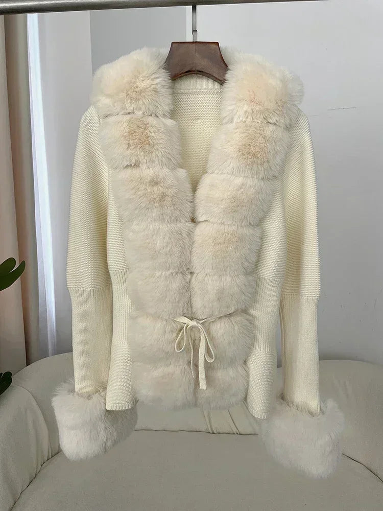 Autumn/Winter 2024 Women's Fur Coat Luxury Patchwork Knitted Sweater Bandage Fur Cardigan Detachable Collar Jacket Faux Fur Coat