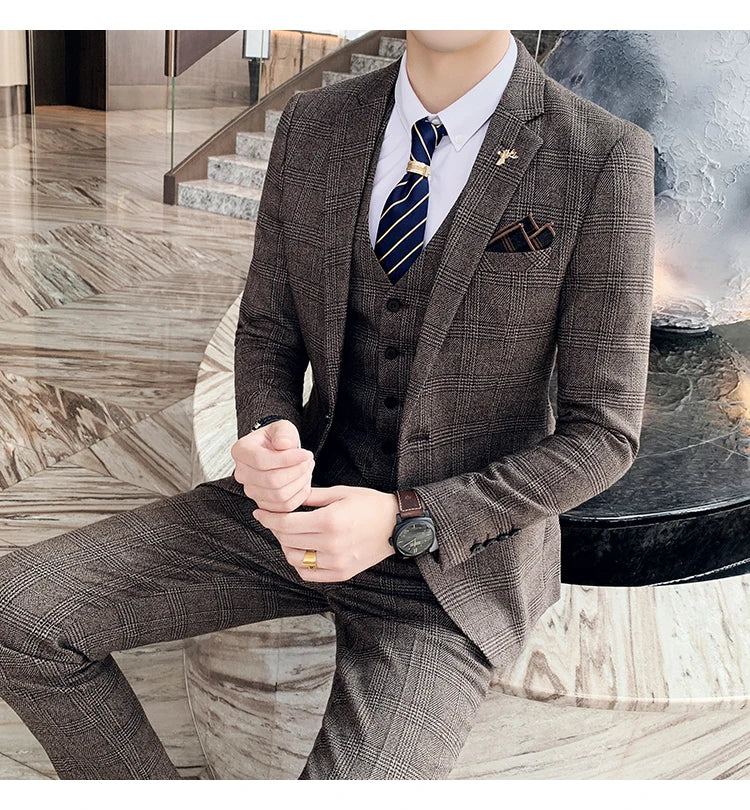 High Quality British Korean Modified Plaid Men (suit + Vest + Trousers) Stylish and Handsome Business Casual Three-piece Suit