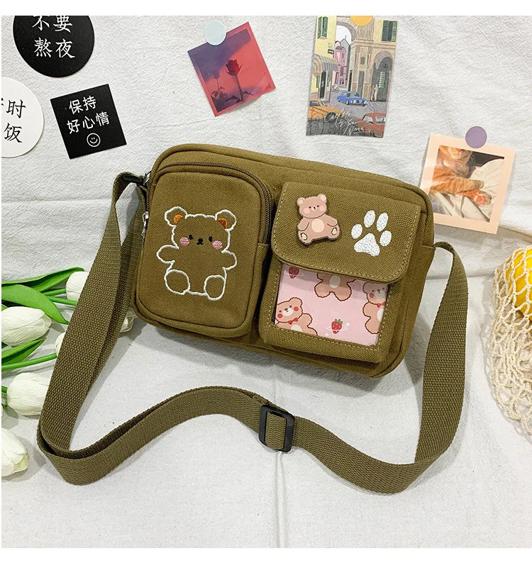 Canvas Small Bag Japanese ins Women Shoulder Bag Cute Funny Personality Embroidery Bear Girl Student Transparent Messenger Bag