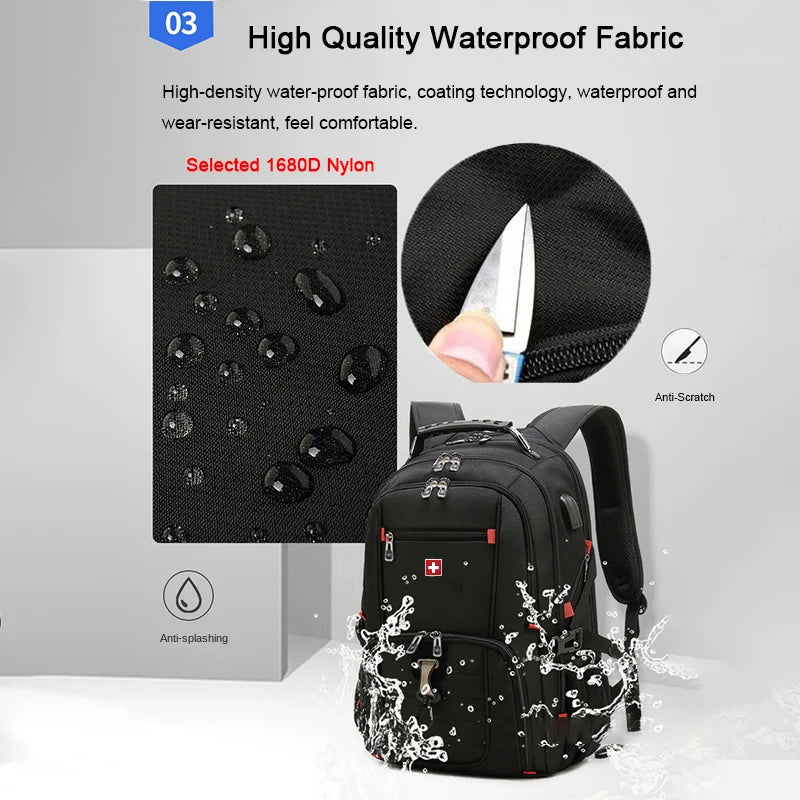 Swiss Durable 17 Inch Laptop Backpack 45L Travel Bag College Bookbag USB Charging Port Water Resistant Multifunctional Mochila