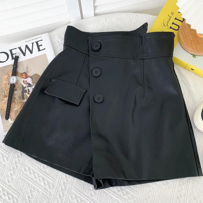 High Waist Asymmetric Vintage Womens Leather Shorts Skirts With Button 2024 Autumn Winter Fake Two Pieces Pu Short Pants