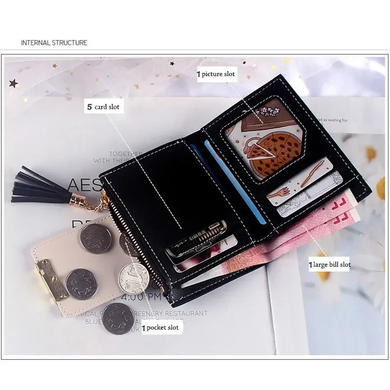 Fashion Ultra-thin Wallet Tassel Short Wallet for Woman Mini Coin Purse Ladies Clutch Small Wallet Female Pu Leather Card Holder