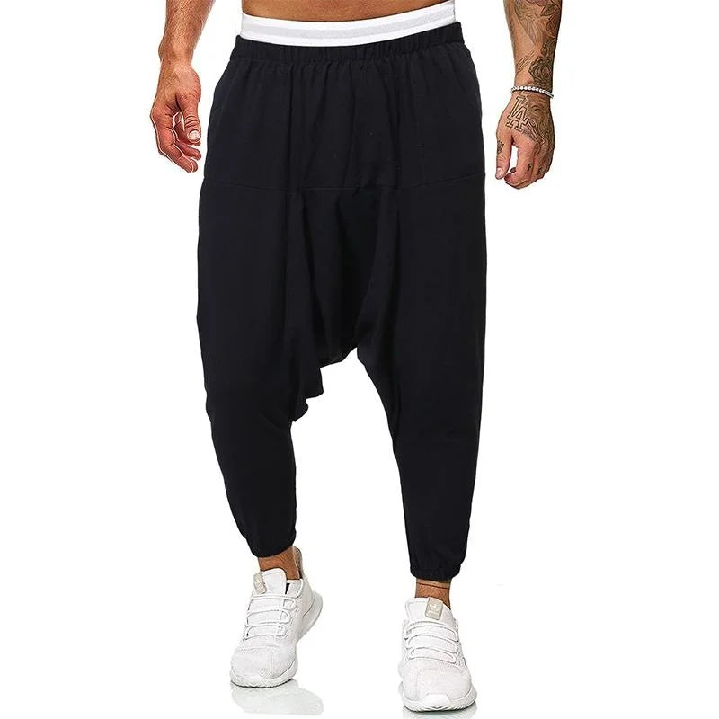 Fashion Cotton Linen Harem Pants Men Solid Elastic Waist Streetwear Joggers Baggy Drop-crotch Pants Casual Trousers Men