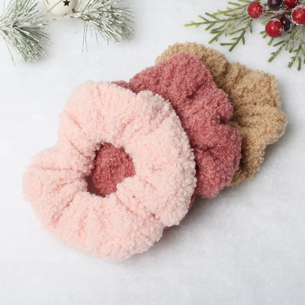 3PK Hair Scrunchies Furry Elastic Hair Band Women Girls Soft Teddy Hair Ties Ponytail Holder Hair Rubber Band Hair Accessories