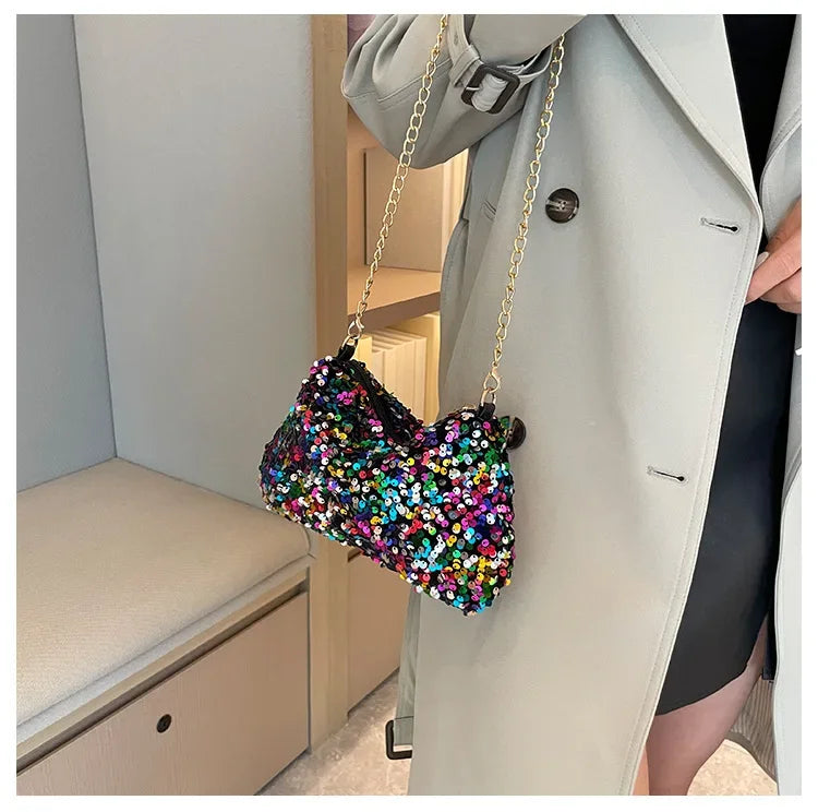 Sequins Crossbody Chain Bag Simple INS Solid Color Sequins Shoulder Bag Underarm Bag Phone Purse Evening Clutch Bags Handbag