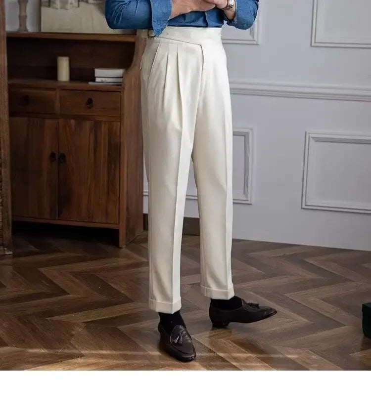 Spring Autumn White Men's Trousers Business Casual Cropped Pants Paris Button Trendy Italian Style