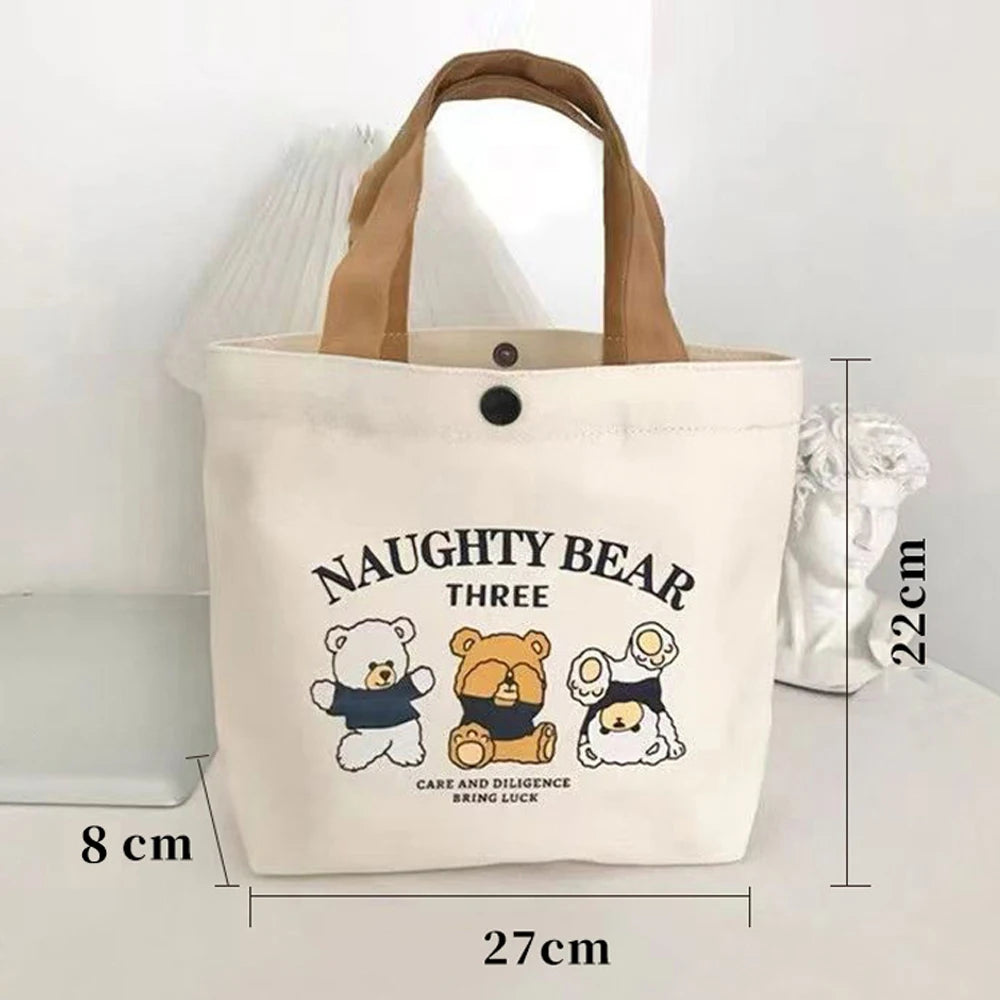 Small Versatile Handbag Cute Bear Mini Canvas Bag Female Student Lunch Box Bag Simple Tote Bag Office Worker Lunch Bag New