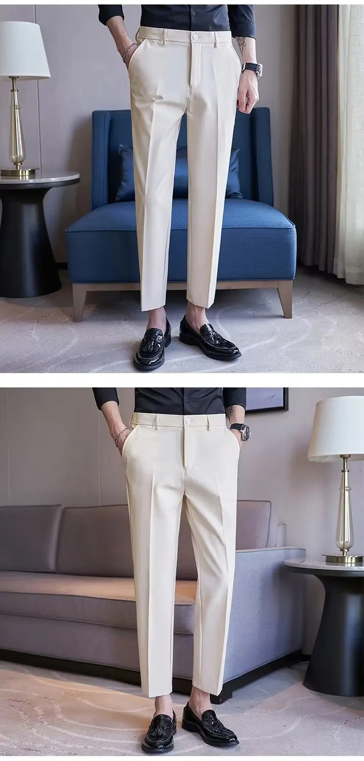 Men's Suit Pants Gray White Black Slim Business Casual Nine-point Pants Straight Plus Size Trousers Office Social Wedding