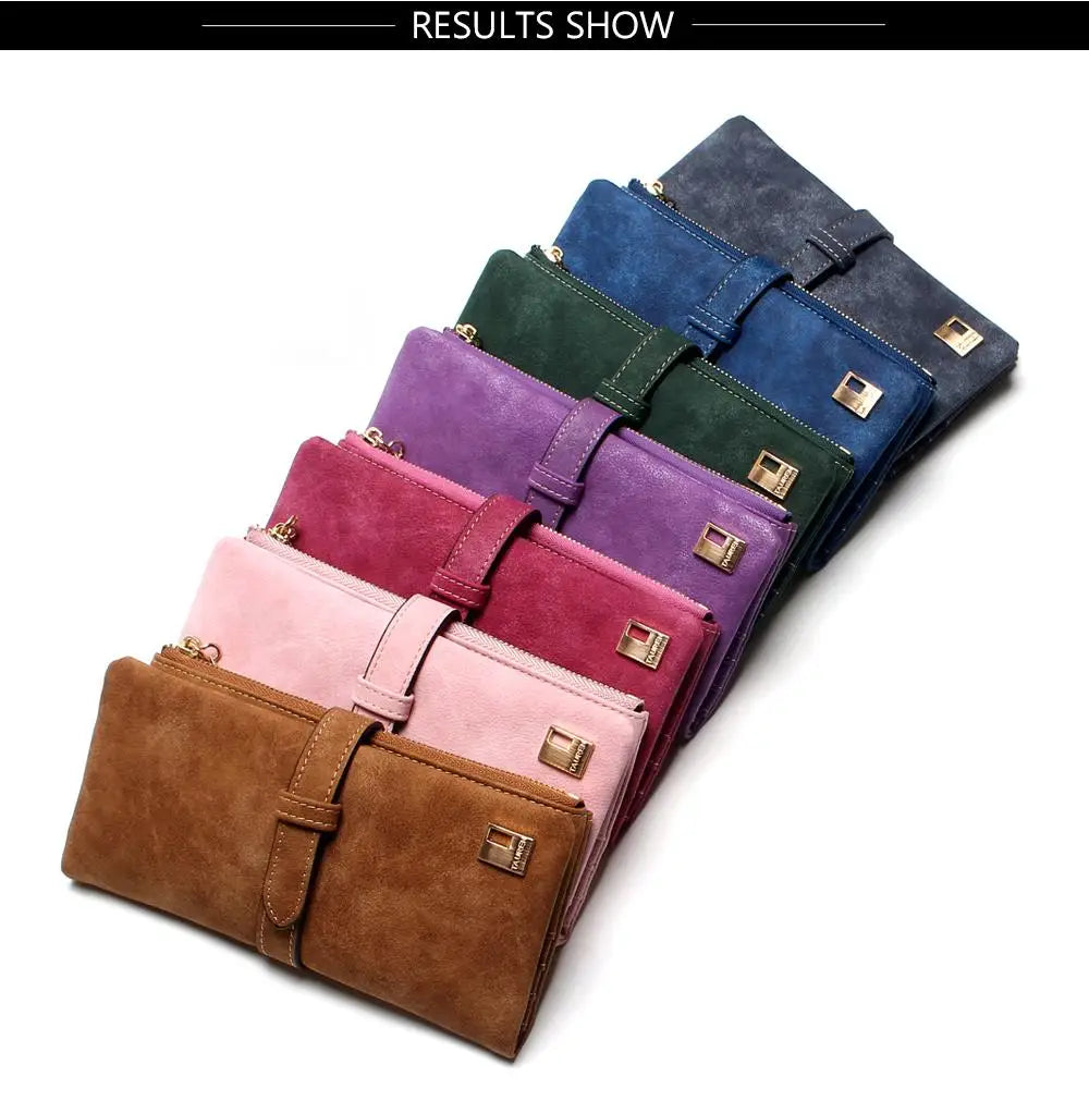 2023 New Fashion Women Wallets Drawstring Nubuck Leather Zipper  Long Design Purse Two Fold More Color Clutch Hot Card Pack