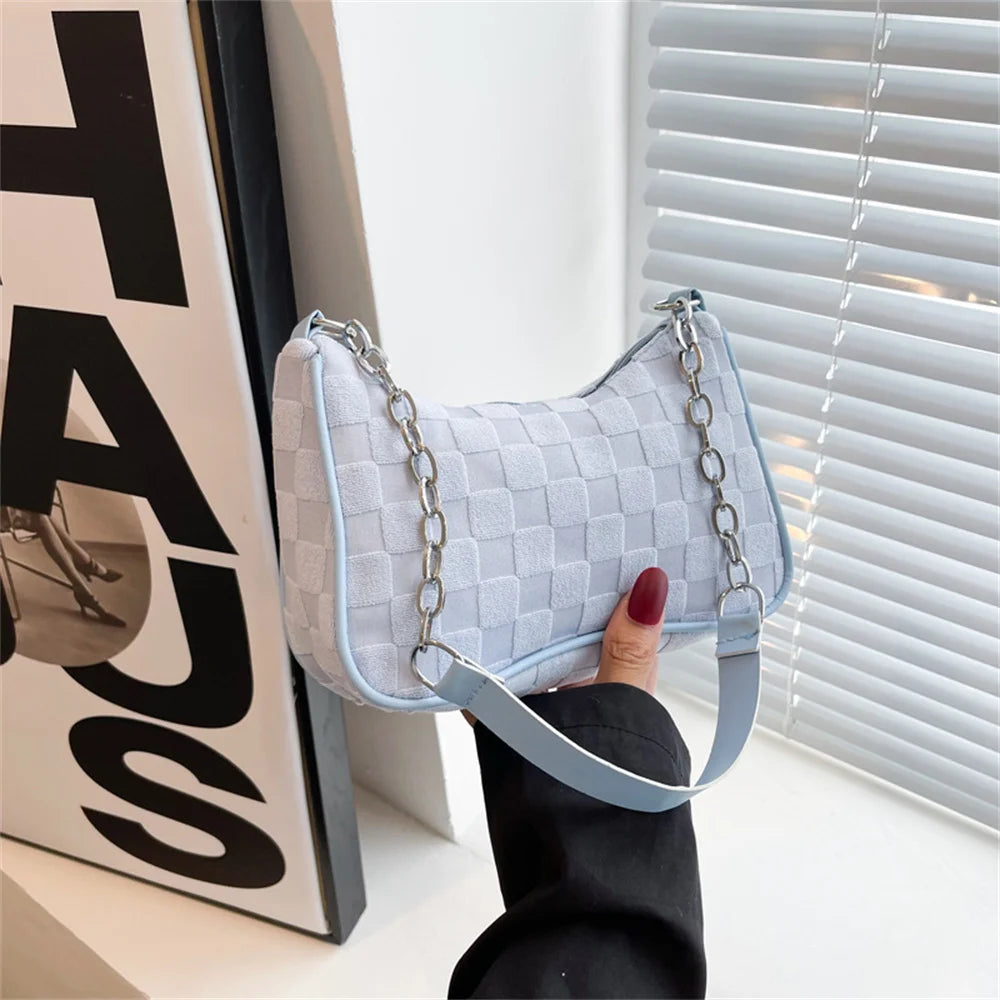 2023 New Fashion Women Handbags Canvas Underarm Chain Bag Casual Small Square Bag Simple Grid Women Shoulder Bags Female Clutch