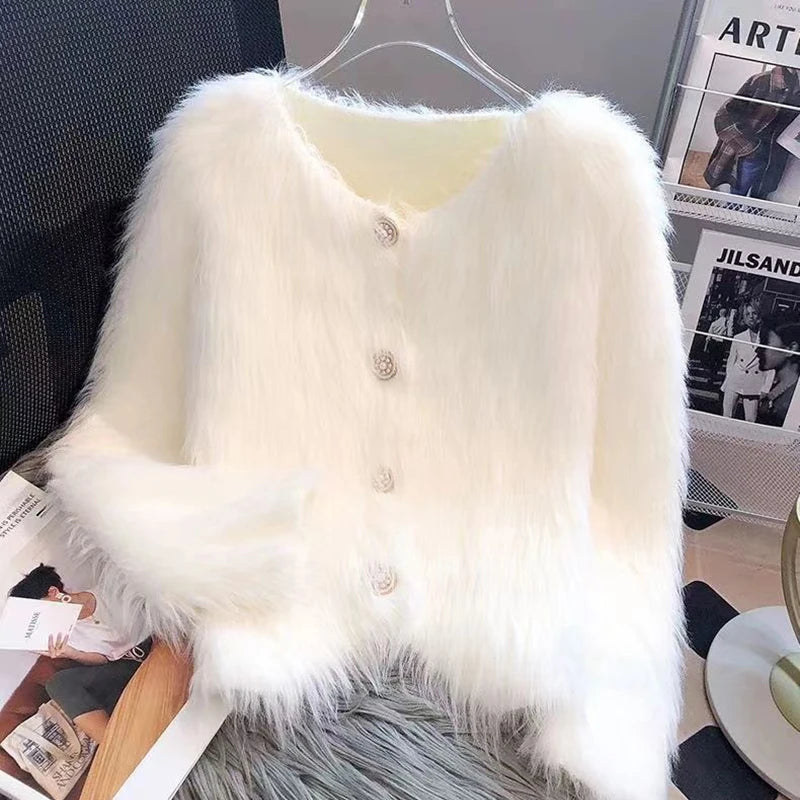 Autumn Warm Women Crop Cardigan Korean Knitted Elegant Female Casual Sweaters Fashion Imitation Mink Cashmere Soft Ladies Coat