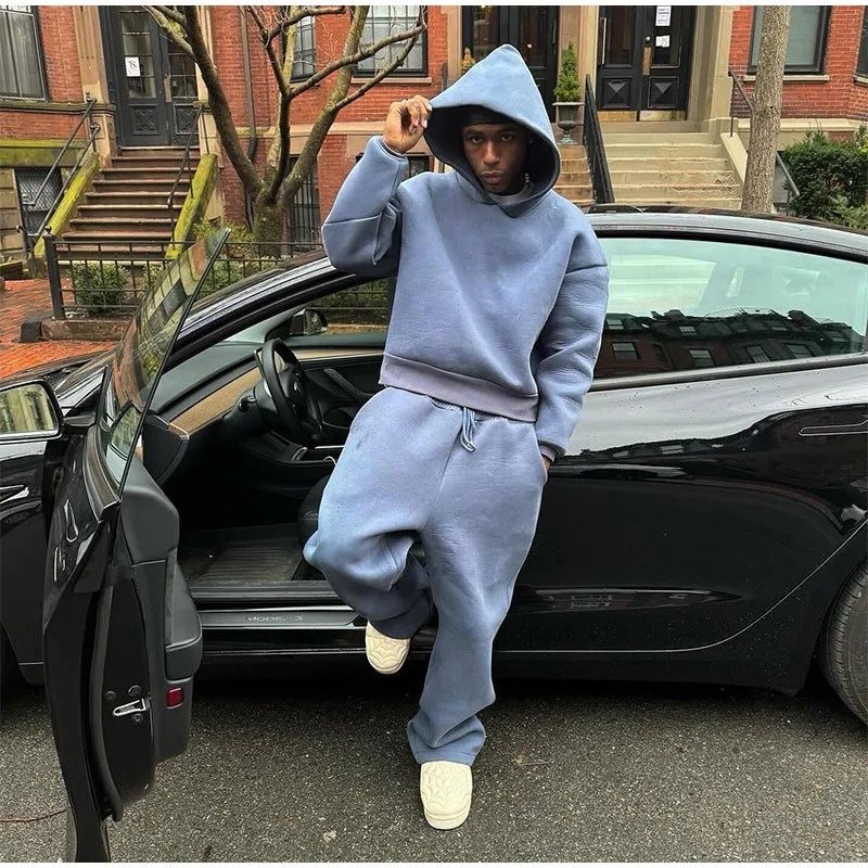 Casual Solid Couple's Hooded Sweatshirt And Loose Sweatpants 2 Piece Suit Male Autumn Jogging Sweatshirt Trousers Outfits Suits