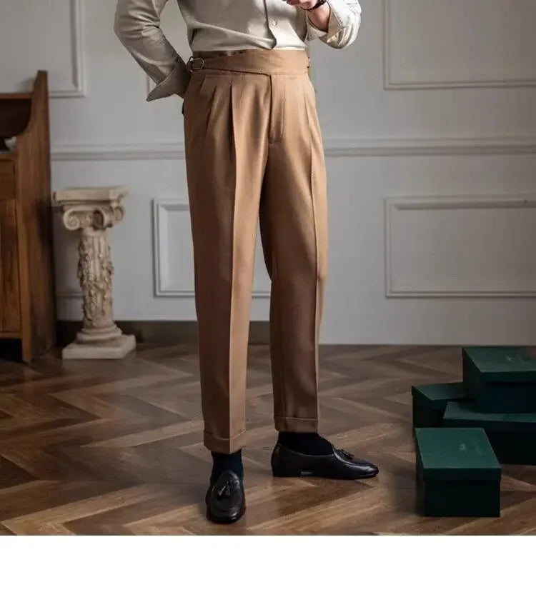 Spring Autumn White Men's Trousers Business Casual Cropped Pants Paris Button Trendy Italian Style