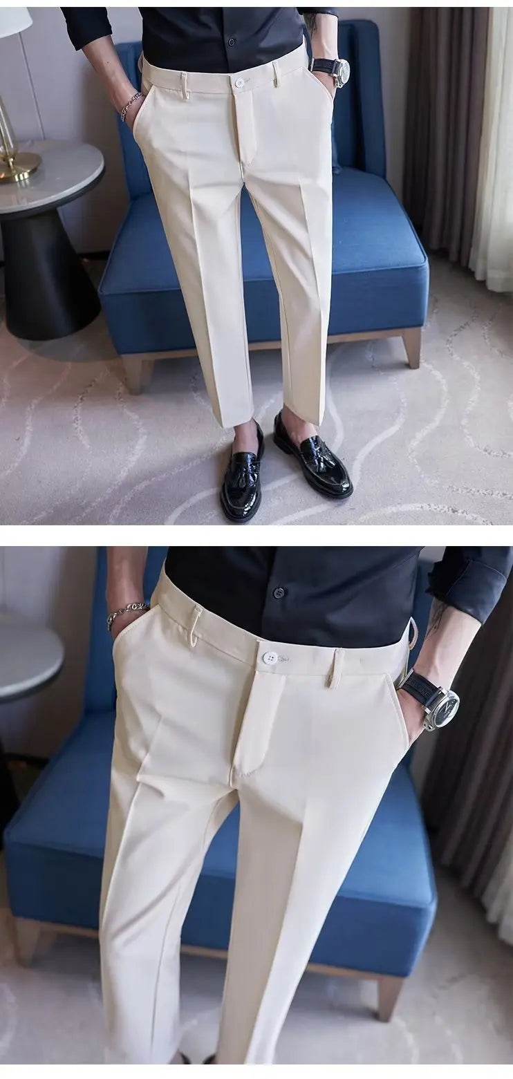 Men's Suit Pants Gray White Black Slim Business Casual Nine-point Pants Straight Plus Size Trousers Office Social Wedding