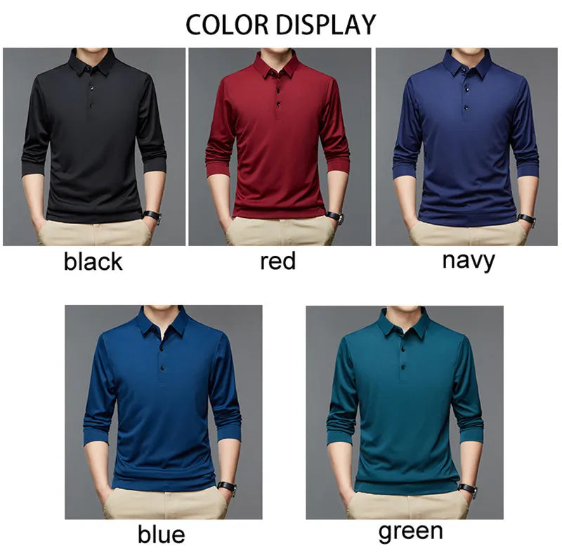 Fashion Men New Business Solid Polo Shirts Spring Autumn Thin Long Sleeve Button Lapel Male Clothing Loose Casual T-Shirt Tops