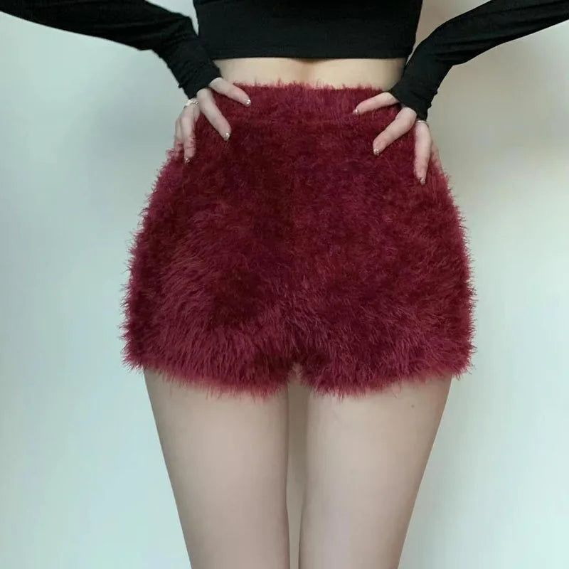 Black White Plush Shorts Womens Slim High Waist Winter Autumn Thick Velvet Pants Aesthetic Elegant Cute Y2k Korean Shorts