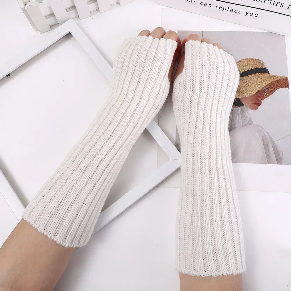 Women Knitted Arm Warmer Long Fingerless Gloves Mitten Winter Y2K Solid Arm Sleeve Fashion Casual Soft Girls Clothes Punk Gloves