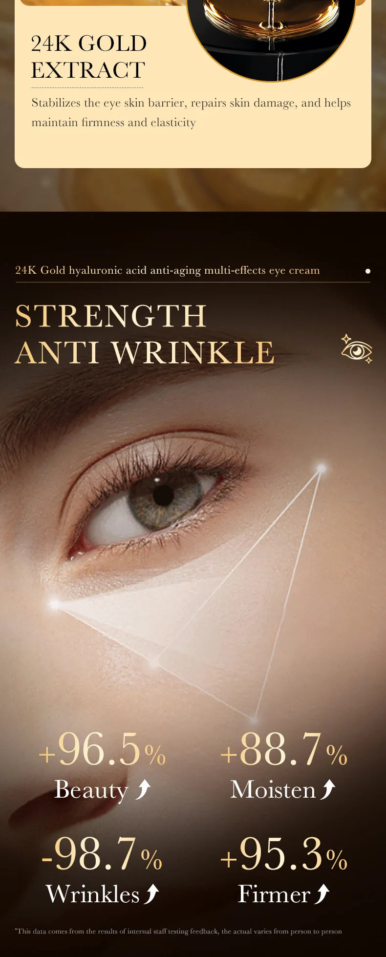 Crème pour les yeux à l'acide hyaluronique 24 carats, anti-cernes, anti-poches, raffermissante, hydratante, produits de soins de la peau pour les yeux