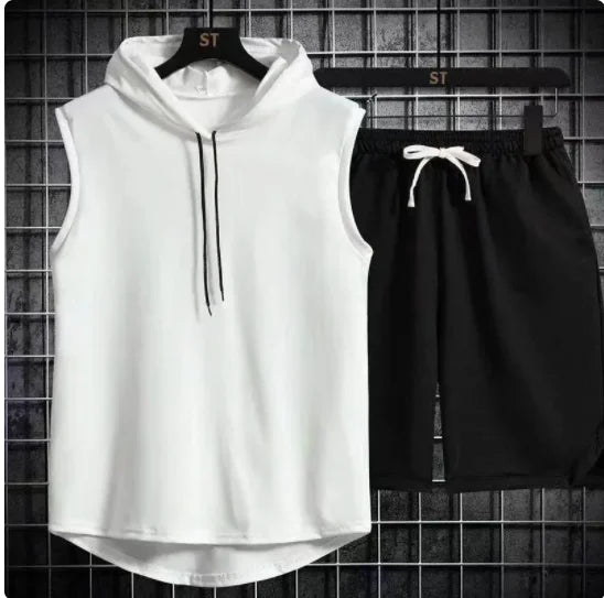 Men's oversized tracksuit, sleeveless hooded T-shirt, shorts, sports vest, two-piece suit, gym sweatpants, new for summer