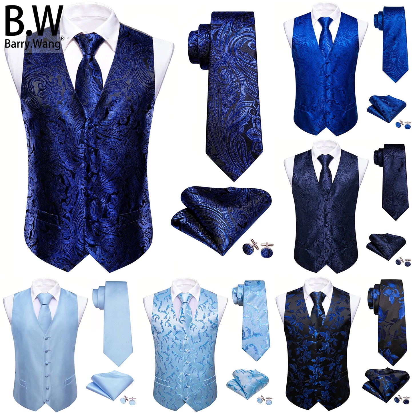 Sky Navy Royal Teal Blue Silk Men Vest Tie Hanky Cufflink Set Woven Waistcoat Sleeveless Jacket Male Wedding Business Barry.Wang