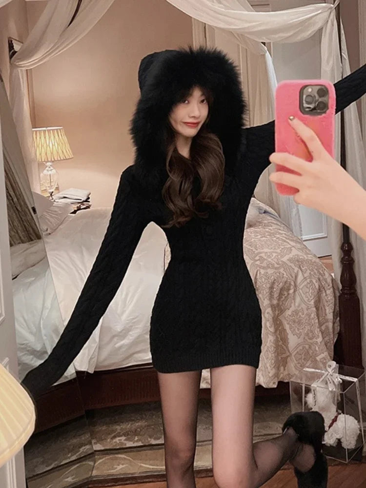 2023 Winter Knitted Sweater Dress with Hooded Women Slim Bodycon Y2k Mini Dress Faux Fur Female One Piece Dress Korean Elegant