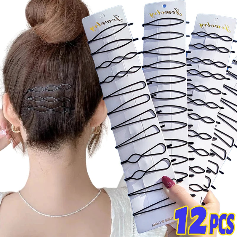 3/12Pcs Black Hair Clips Bobby Pins Wavy Fashion Hairpins Metal Barrettes Invisible BB Clip Wave Hairgrip Hair Clips Accessories