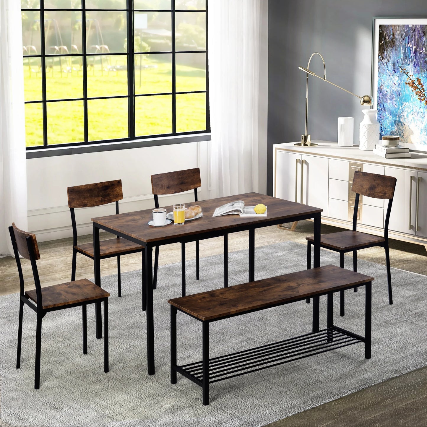 Dining table chair and bench set 6 Wood steel frame industrial style kitchen dining table set