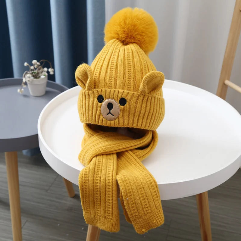 Children Hat and Scarf Set Baby Knitted Hat with Velvet for Warmth Winter Hats for Girl Cute Baby Caps for Boys Шапка Детская