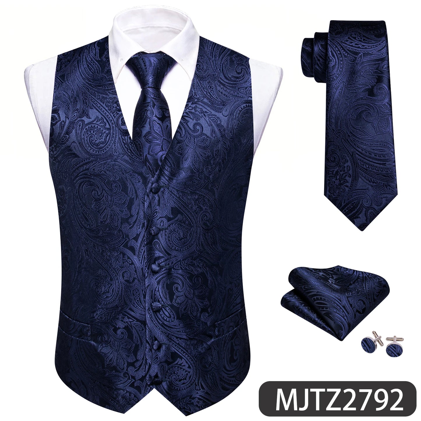 Sky Navy Royal Teal Blue Silk Men Vest Tie Hanky Cufflink Set Woven Waistcoat Sleeveless Jacket Male Wedding Business Barry.Wang