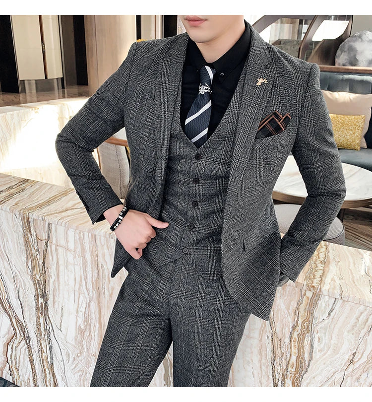 High Quality British Korean Modified Plaid Men (suit + Vest + Trousers) Stylish and Handsome Business Casual Three-piece Suit