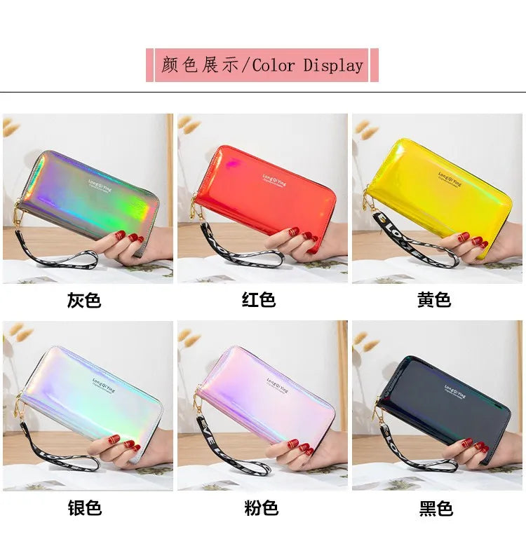 Women's Long Wallet Laser Holographic Wallet Women Long Pu Purse Fashion Female Clutch Large Capacity Zipper Purses Phone Purse