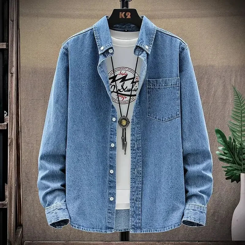 Japanese Style Solid Color Ultra-thin Long Sleeve Denim Shirt For Men Women Fashionable Trendy Simple Loose-fit Casual Jacket