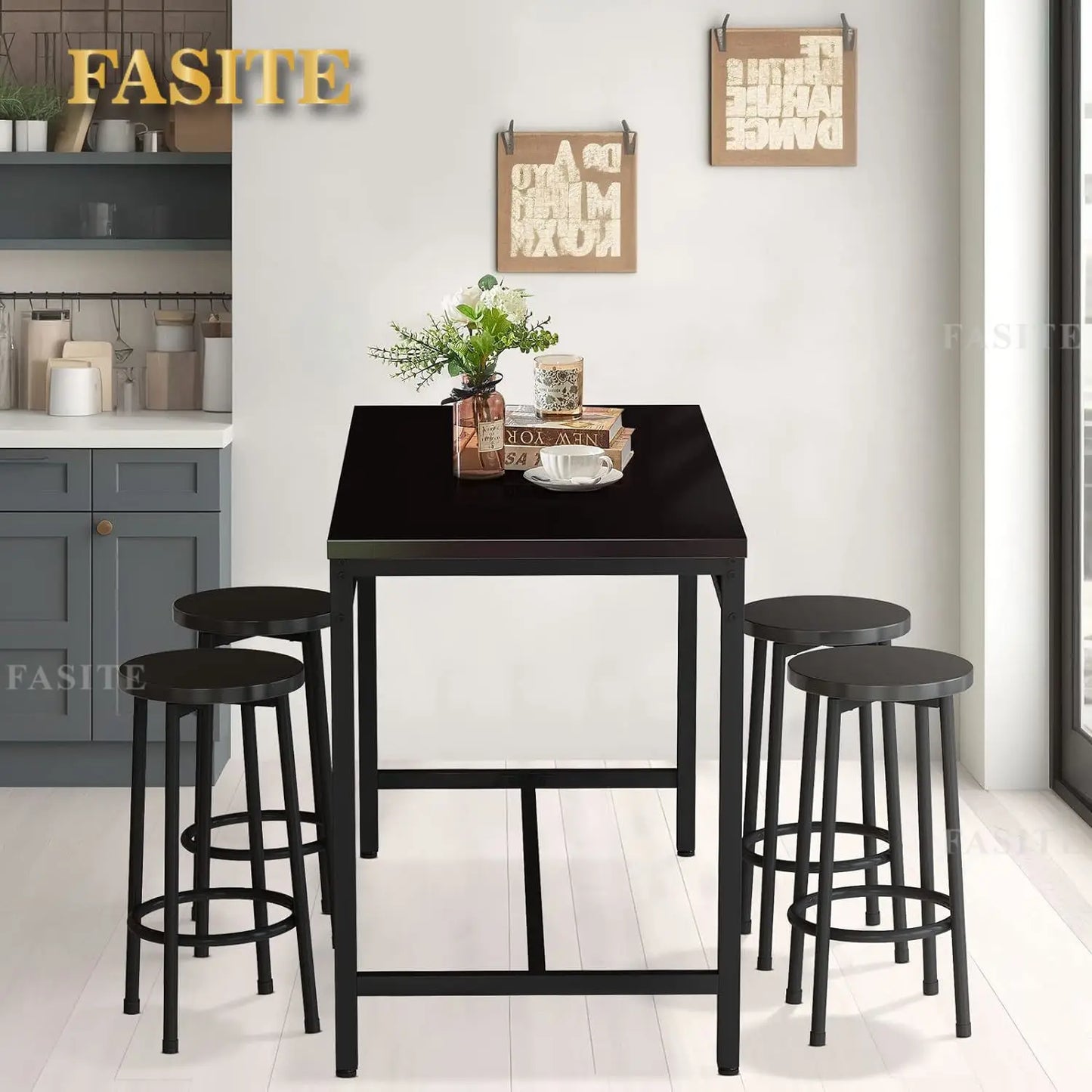 White Faux Marble Dining Table with 4 Upholstered Chairs, 5-Piece Dining Room Table Set for Small Space, Breakfast Table