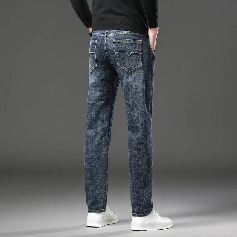 2024 Hiver Polaire Épais Chaud Jeans Hommes Slim Affaires Droit Élastique Denim Pantalon Décontracté Homme Vêtements Mode Peluche Pantalon