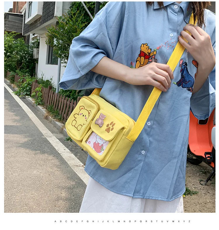 Canvas Small Bag Japanese ins Women Shoulder Bag Cute Funny Personality Embroidery Bear Girl Student Transparent Messenger Bag