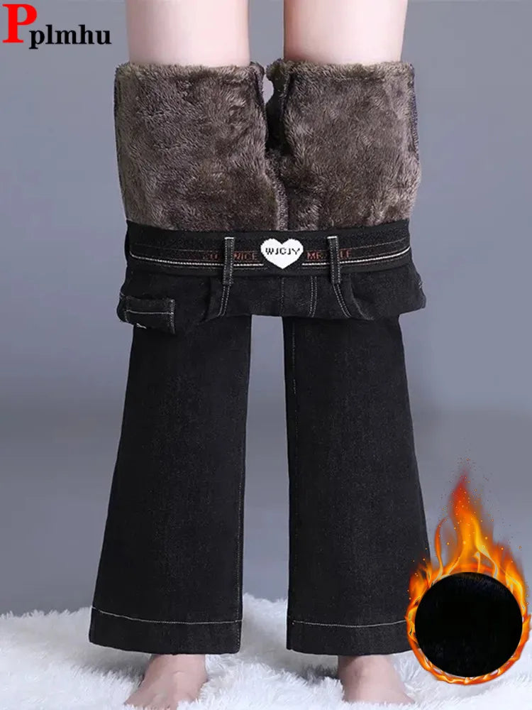 Winter Plush Velvet Lined Flare Denim Pants Skinny Casual Warm Thicken High Waist Women Jeans Snow Wear New Stretch Vaqueros