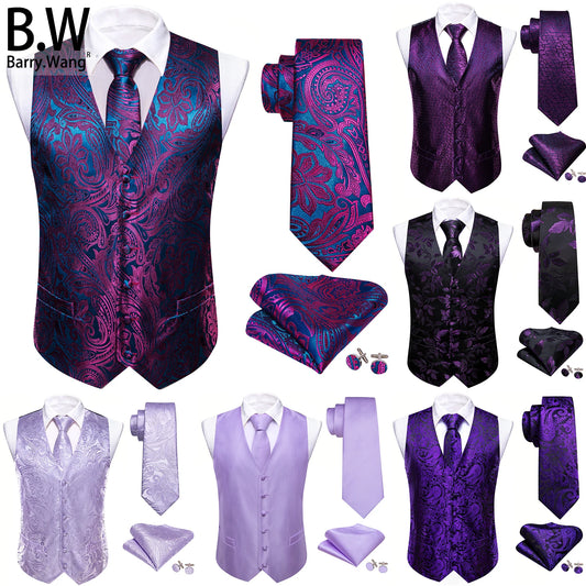 Lilac Purple Violet Lavender Silk Men Vest Tie Hanky Cufflinks Set Woven Waistcoat Sleeveless Jacket Wedding Business Barry.Wang