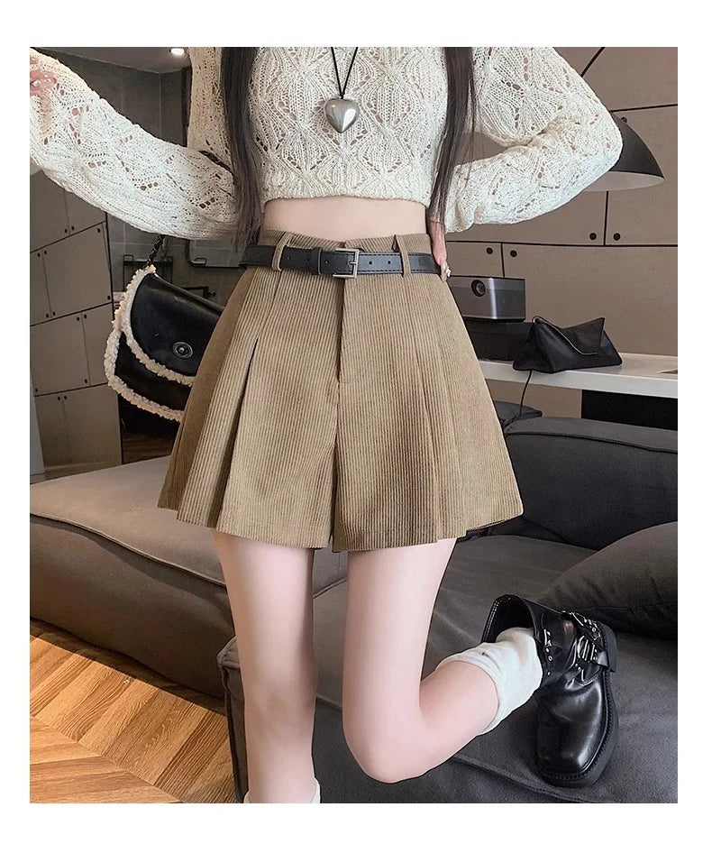 Corduroy Velvet Women Shorts Autumn Winter High Waist Slim Flared Trousers Fashionable Temperament A- crotch Boots